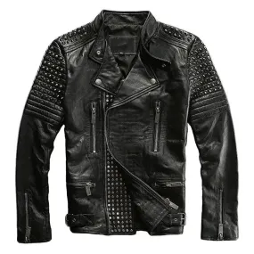 Men's Rock Punk Black Studded Metal Spiked Motorcycle Leather Jacket