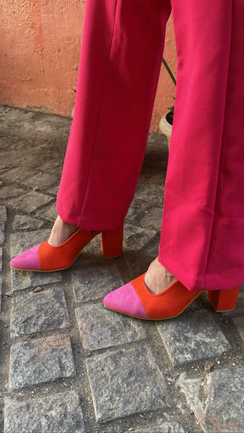 Orange pink colour block heels