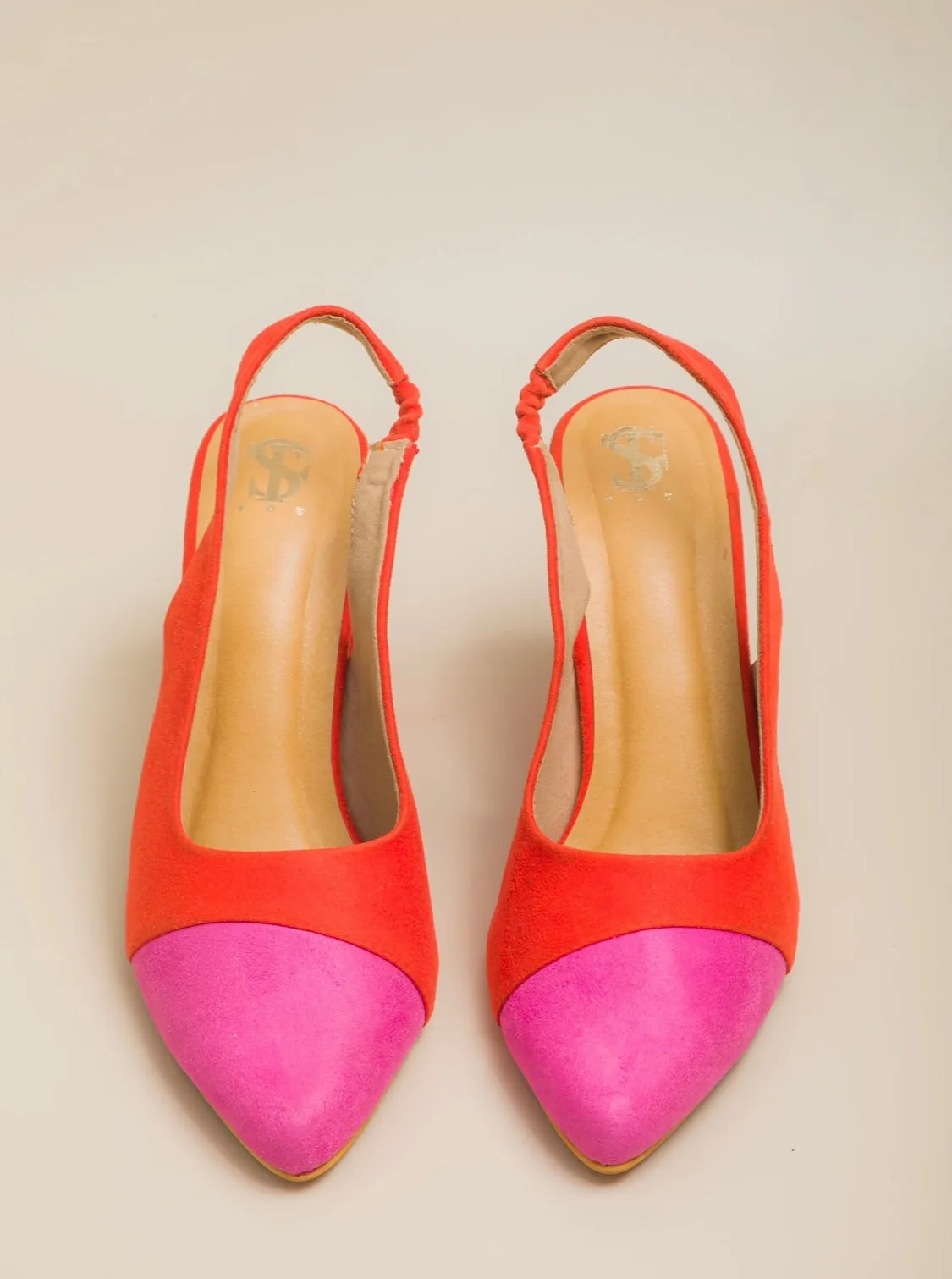 Orange pink colour block heels