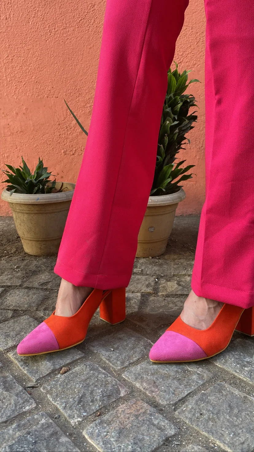 Orange pink colour block heels