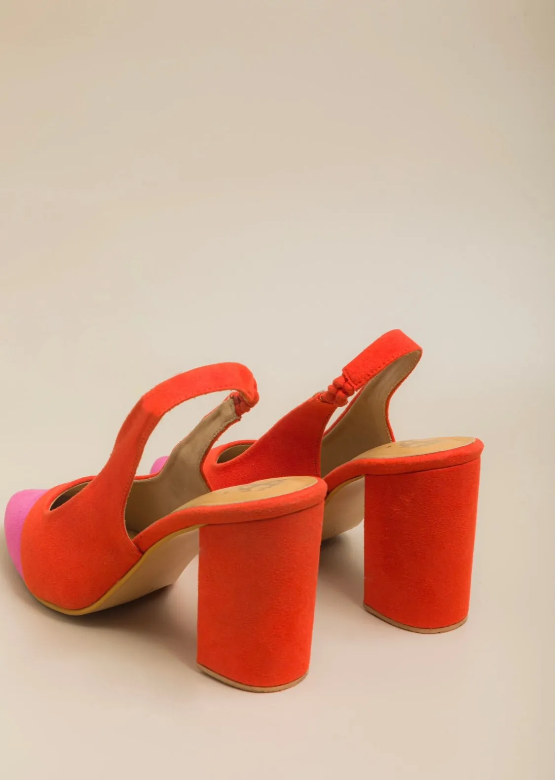 Orange pink colour block heels