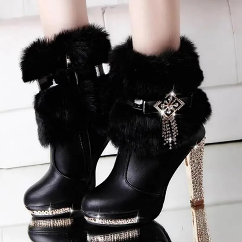 Platform Fur Rhinestone Fringe High Heel Winter Boots