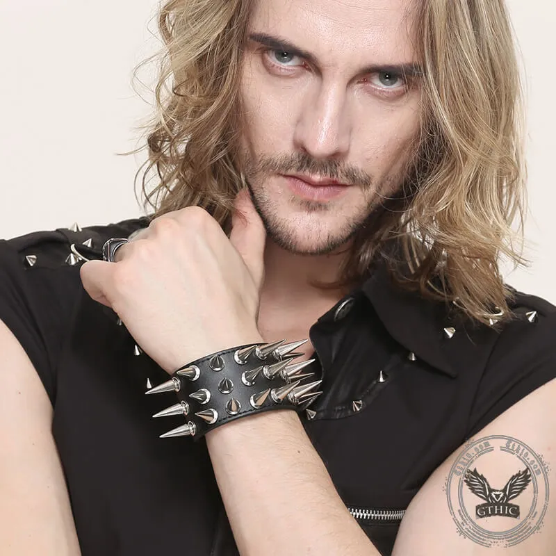 Punk Spike Studded Leather Wide Wristband