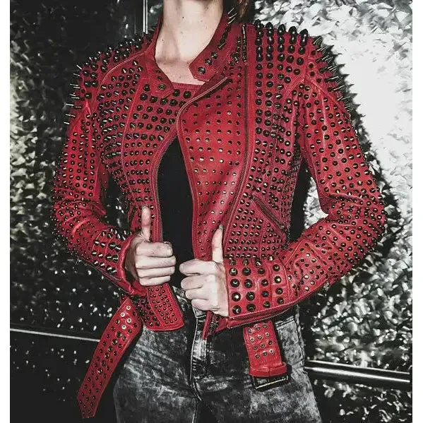 Red Studded Spiked Leather Jacket