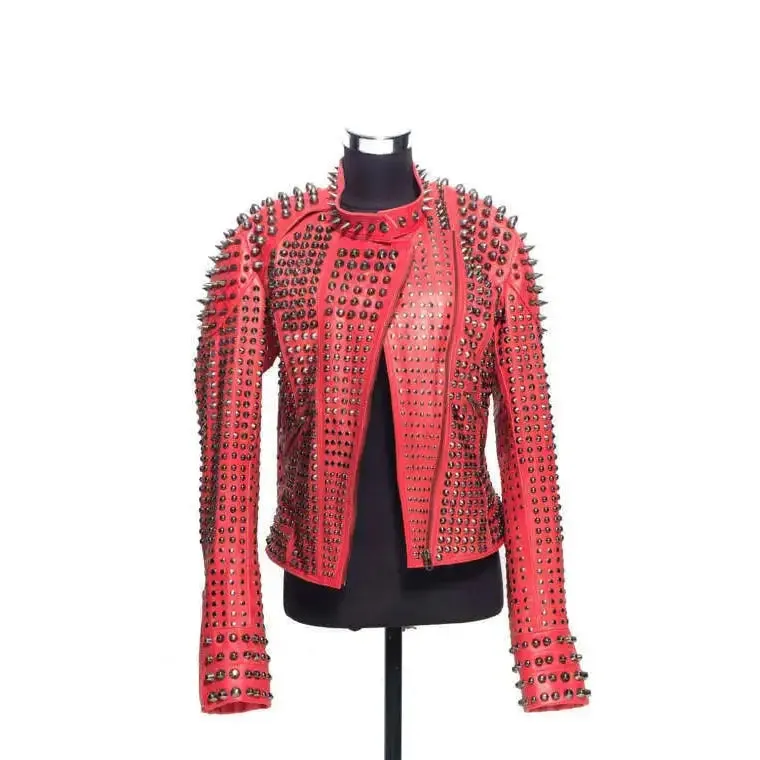 Red Studded Spiked Leather Jacket