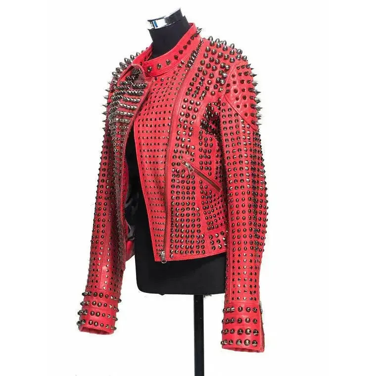 Red Studded Spiked Leather Jacket
