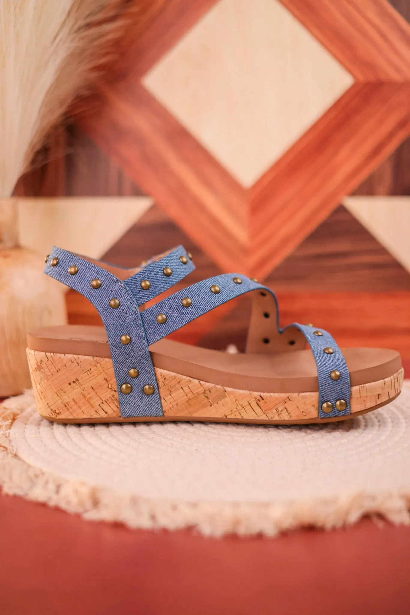 Revolve Blue Denim Studded Wedges