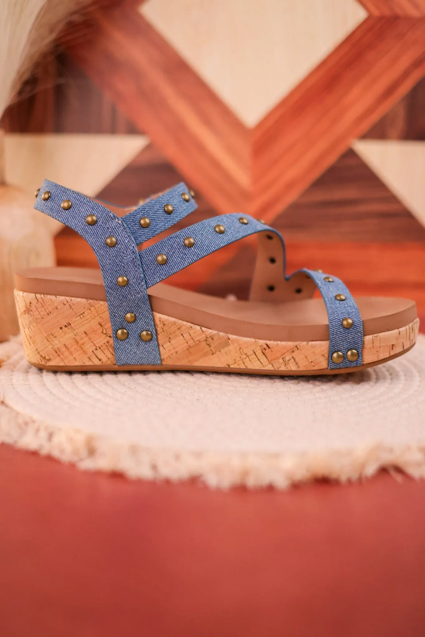 Revolve Blue Denim Studded Wedges