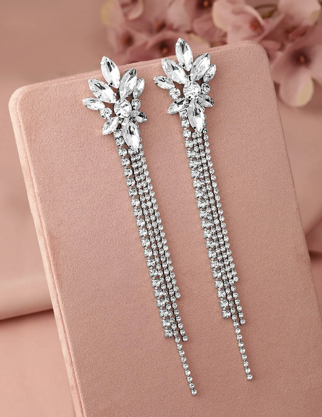 Rhodium Plated Crystal AD & Zirconia Studded Multi-Layer Shoulder Duster Drop Earrings