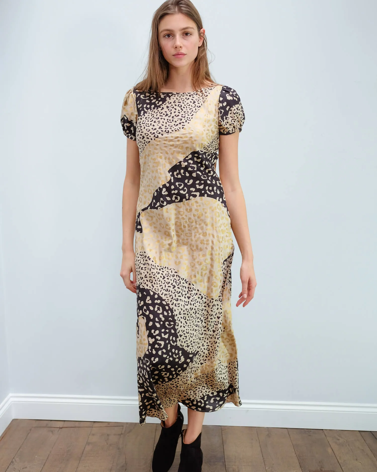 RIXO Reese dress in gold patchwork leopard