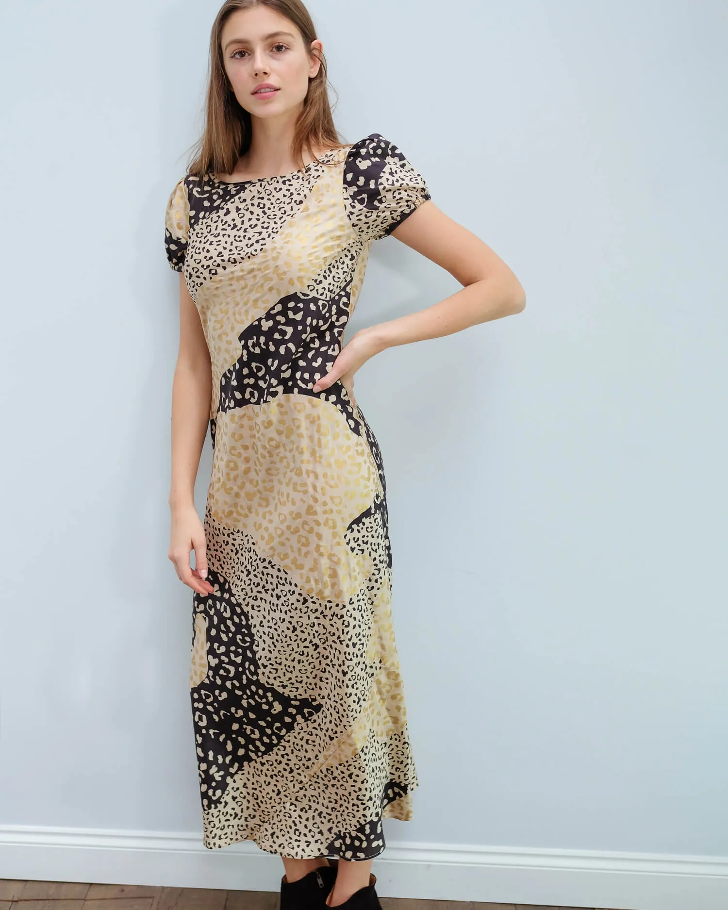RIXO Reese dress in gold patchwork leopard