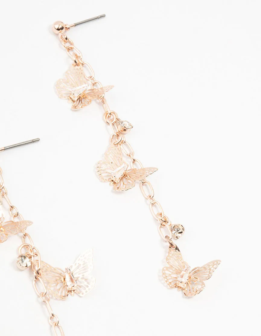 Rose Gold Butterfly Diamante Drop Earrings