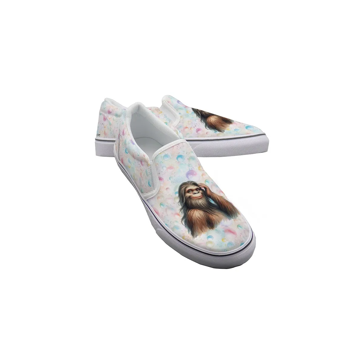Shesquatch on Bubbles, Women's Slip On Sneakers, Sasquatch, Bigfoot