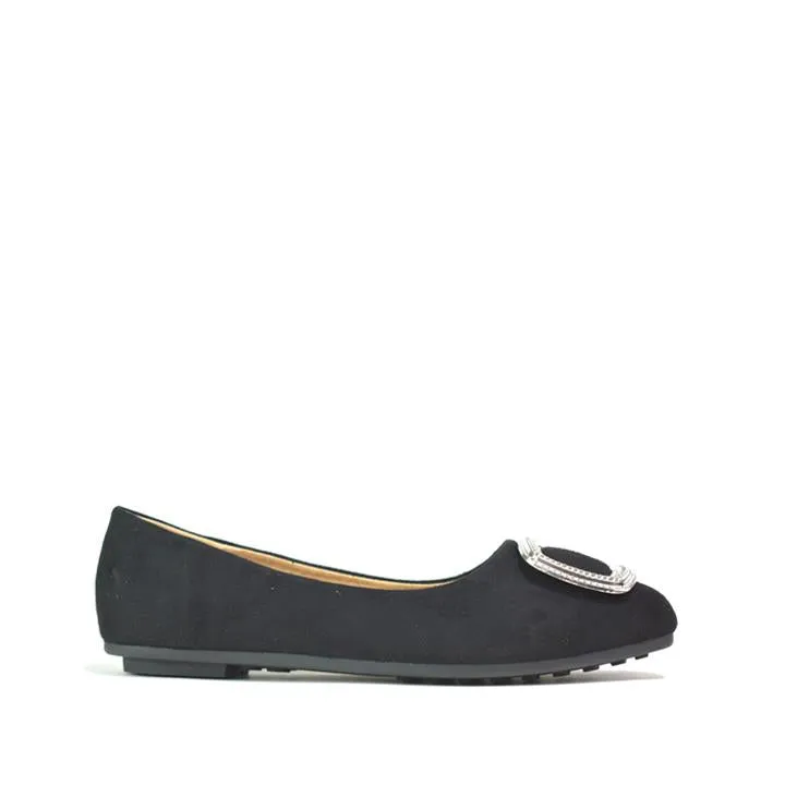 Silver Square Buckle Ballet Flats Black Microfibre