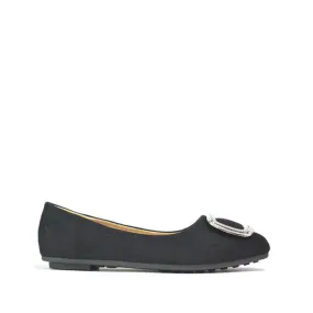 Silver Square Buckle Ballet Flats Black Microfibre