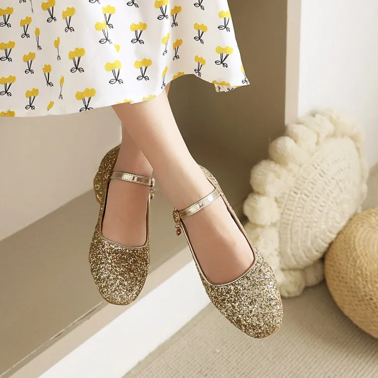 Square Toe Sparkling Sequins Mary Janes Buckle Belt Women's Pumps