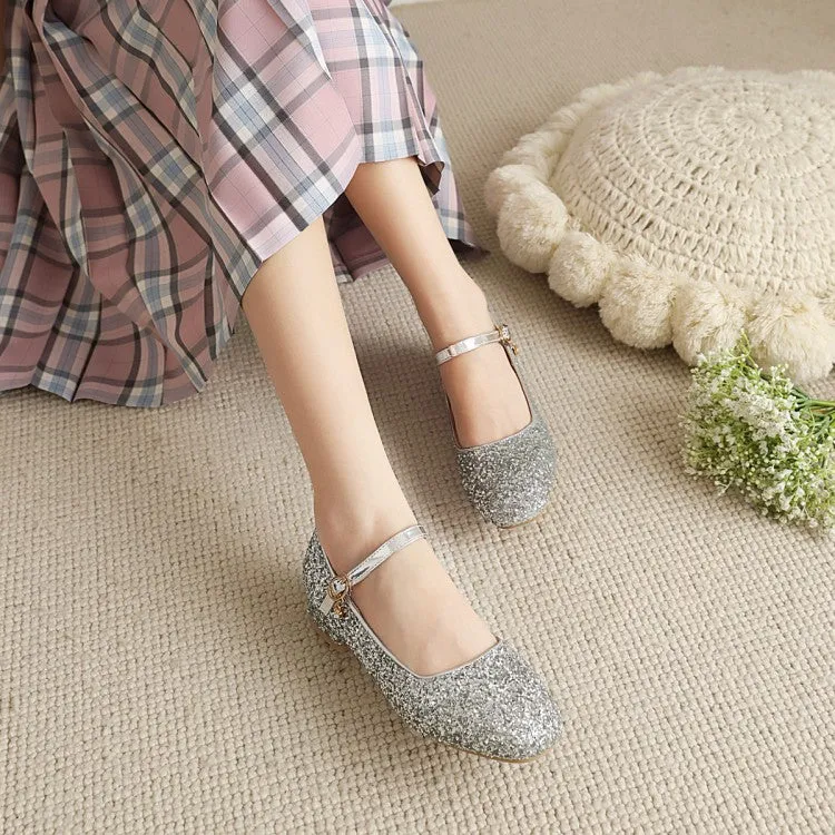 Square Toe Sparkling Sequins Mary Janes Buckle Belt Women's Pumps