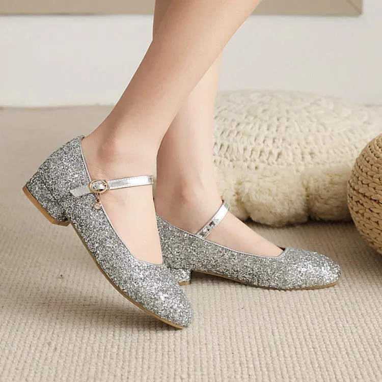 Square Toe Sparkling Sequins Mary Janes Buckle Belt Women's Pumps