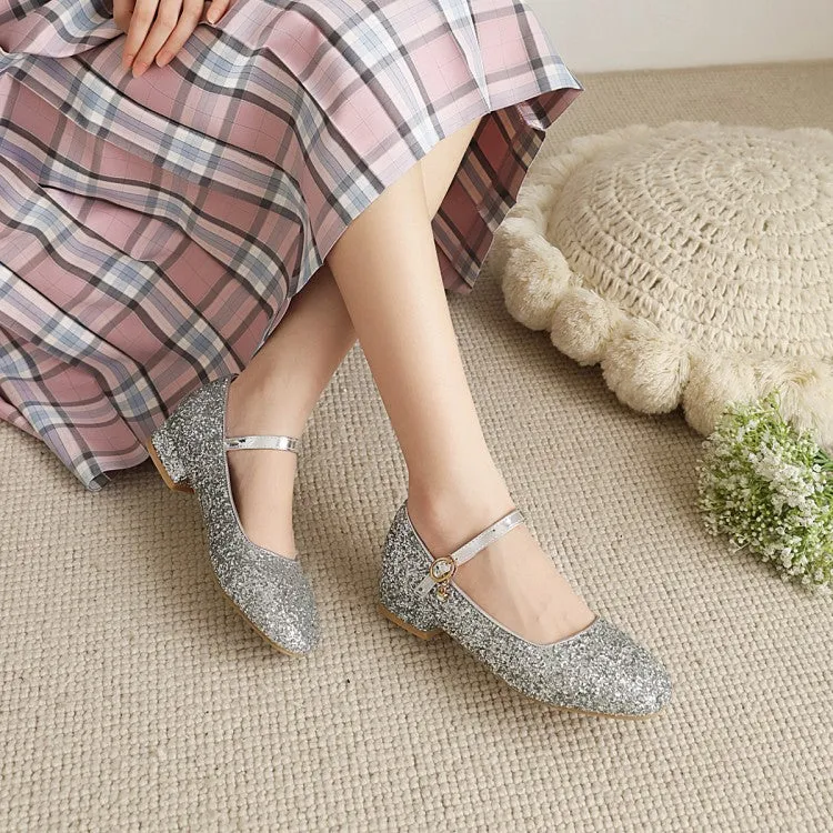 Square Toe Sparkling Sequins Mary Janes Buckle Belt Women's Pumps
