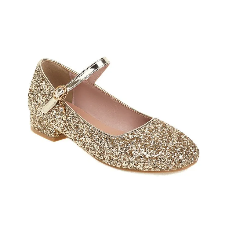 Square Toe Sparkling Sequins Mary Janes Buckle Belt Women's Pumps