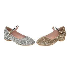 Square Toe Sparkling Sequins Mary Janes Buckle Belt Women's Pumps