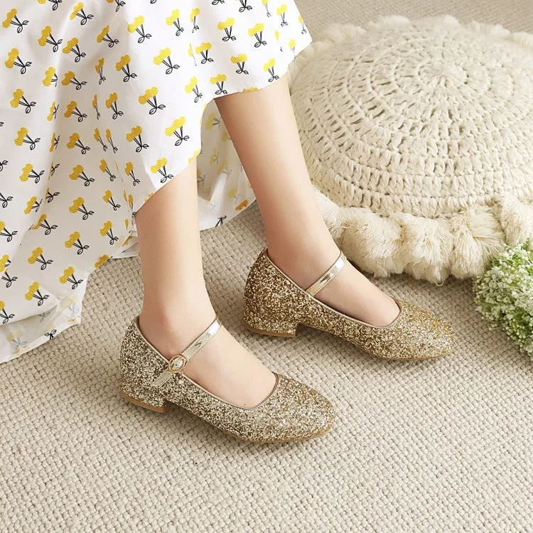 Square Toe Sparkling Sequins Mary Janes Buckle Belt Women's Pumps
