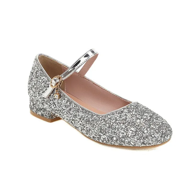 Square Toe Sparkling Sequins Mary Janes Buckle Belt Women's Pumps