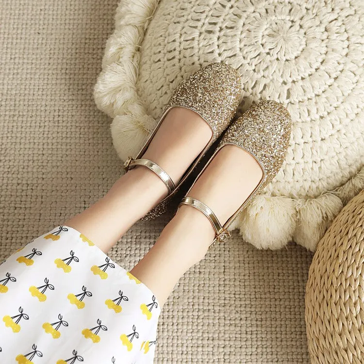 Square Toe Sparkling Sequins Mary Janes Buckle Belt Women's Pumps
