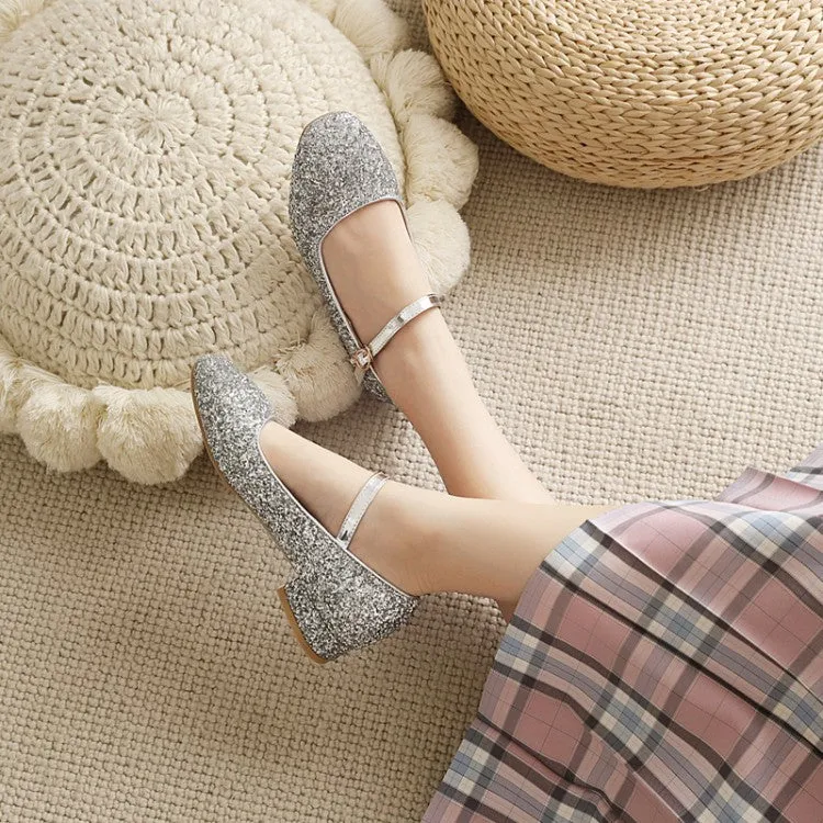 Square Toe Sparkling Sequins Mary Janes Buckle Belt Women's Pumps