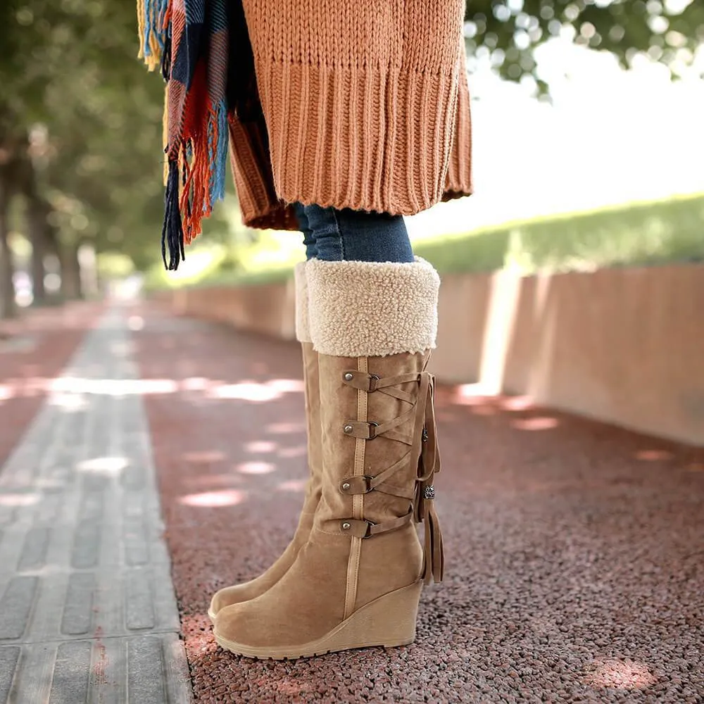 Suede Lace Up Wedge Knee High Boots