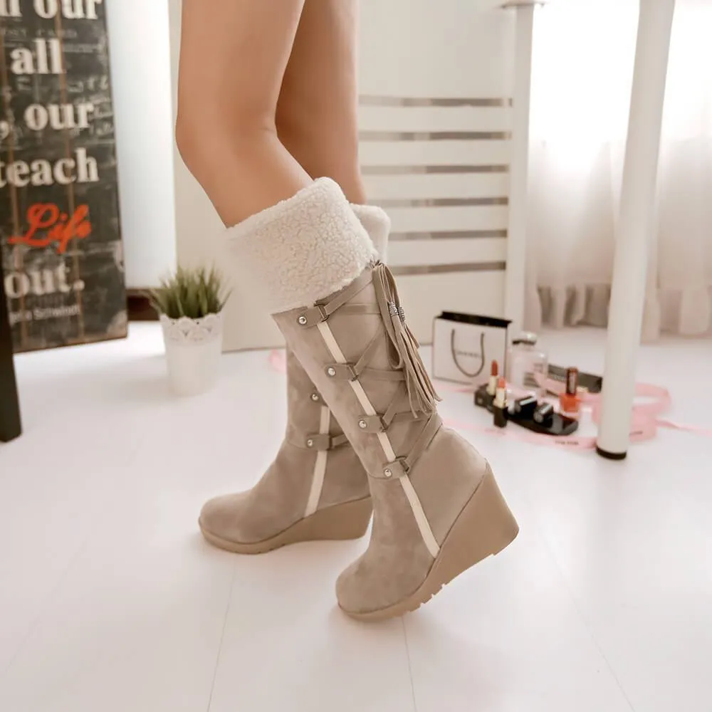 Suede Lace Up Wedge Knee High Boots
