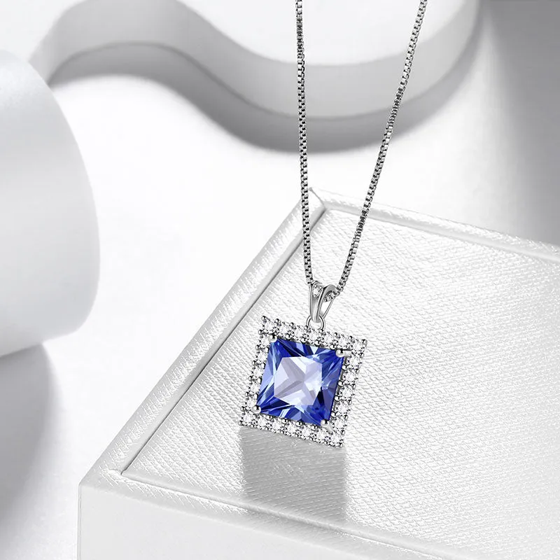 Tokyo Mart Square Birthstone December Tanzanite Necklace Pendant Women Girls Jewelry Birthday Gifts Sterling Silver