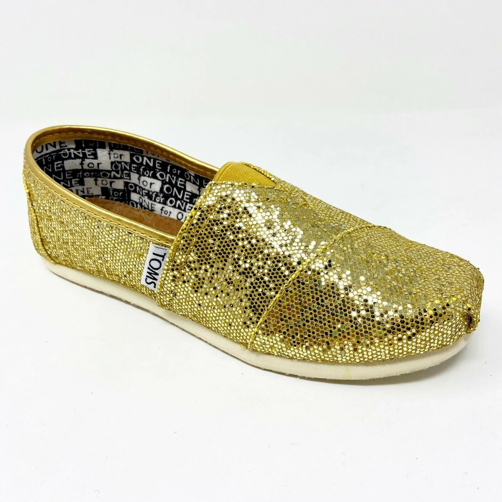 Toms Classics Gold Glitter Youth Slip On Casual Canvas Flat Shoes