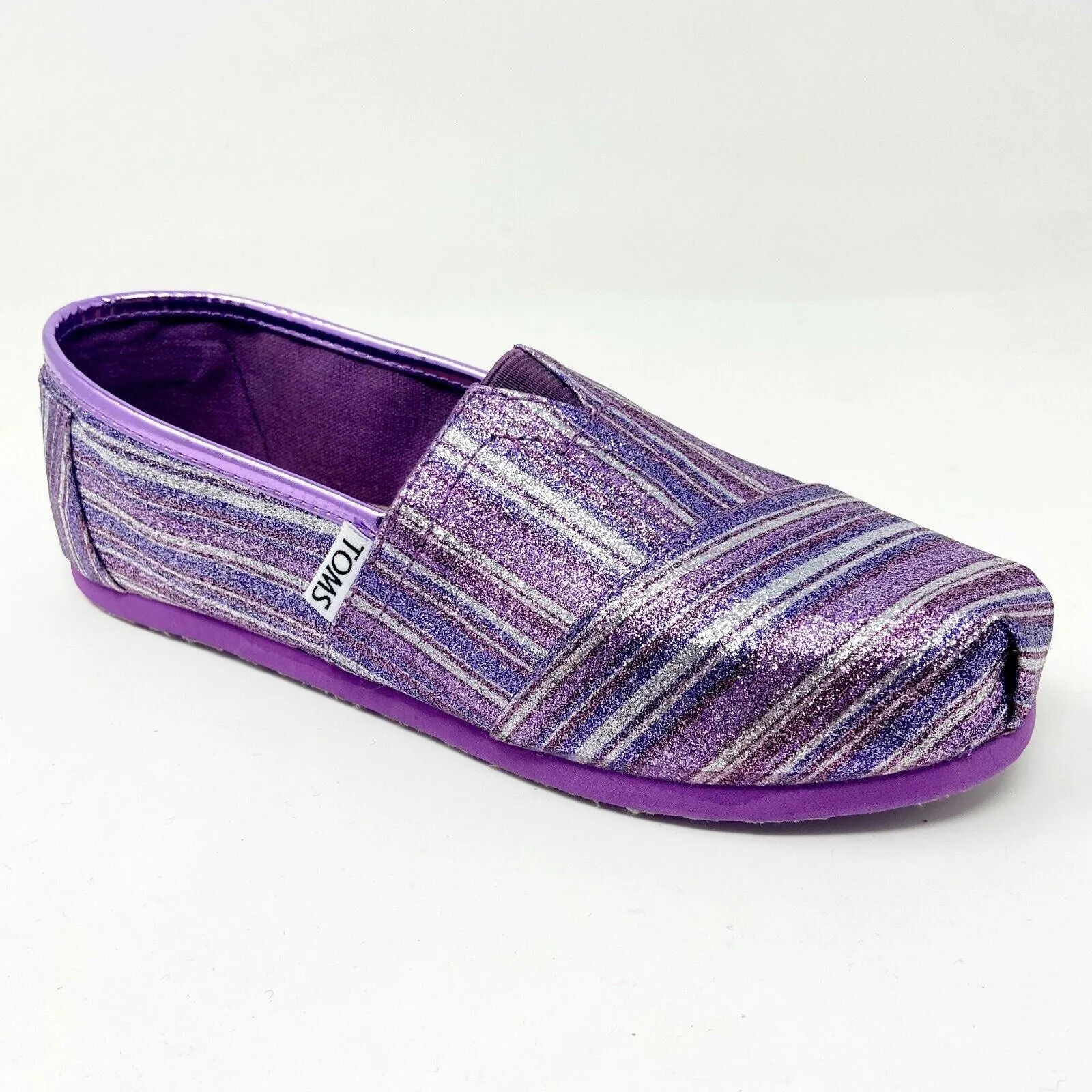 Toms Classics Purple Glitter Stripe Youth Slip On Casual Canvas Flat Shoes