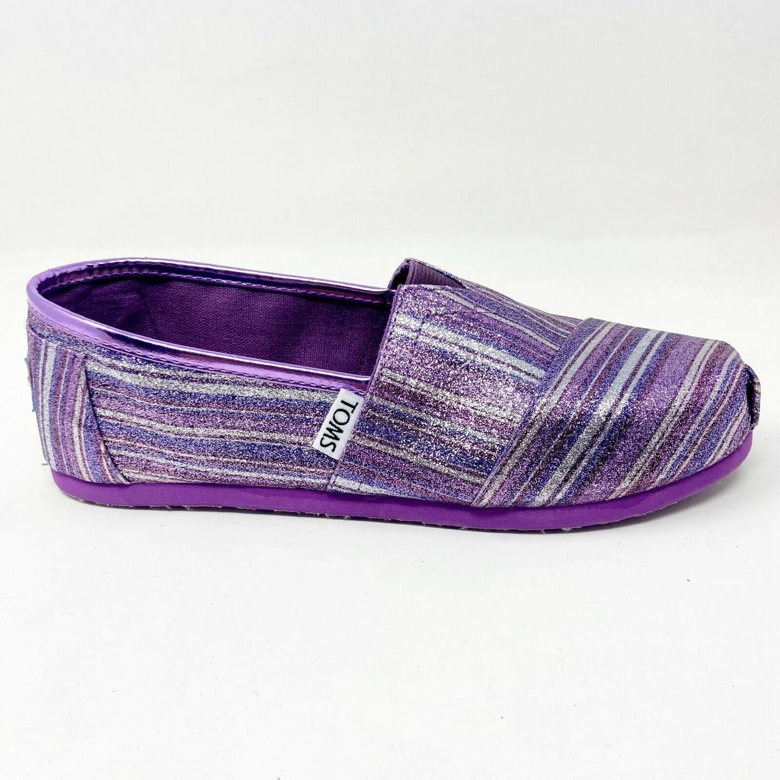 Toms Classics Purple Glitter Stripe Youth Slip On Casual Canvas Flat Shoes