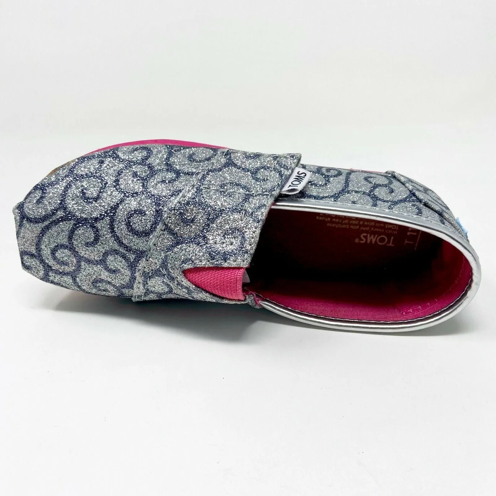 Toms Classics Silver Swirl Pattern Tiny Toddler  Slip On Casual Canvas Flat Shoe