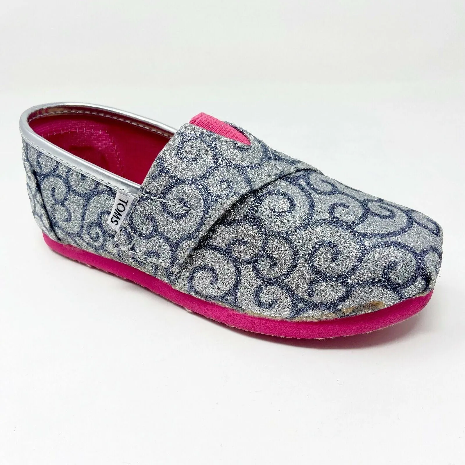 Toms Classics Silver Swirl Pattern Tiny Toddler  Slip On Casual Canvas Flat Shoe
