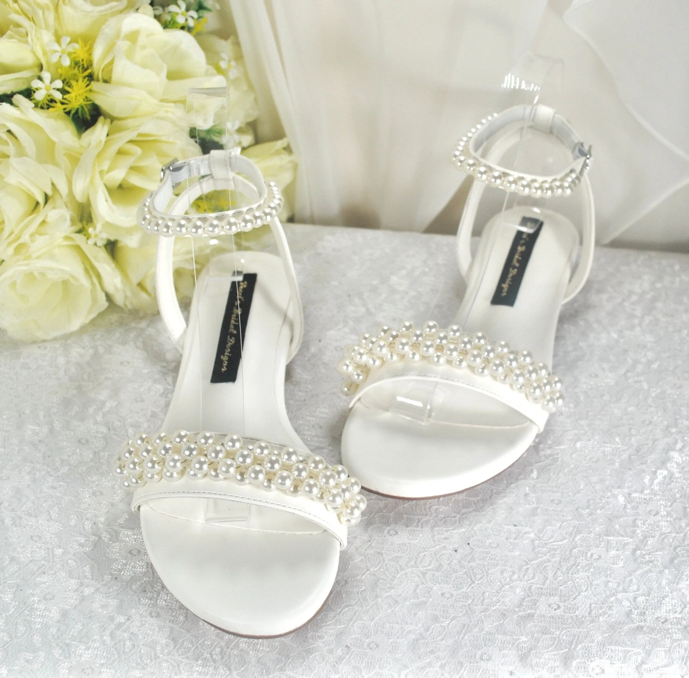 White or Ivory Pearl Flat Sandals