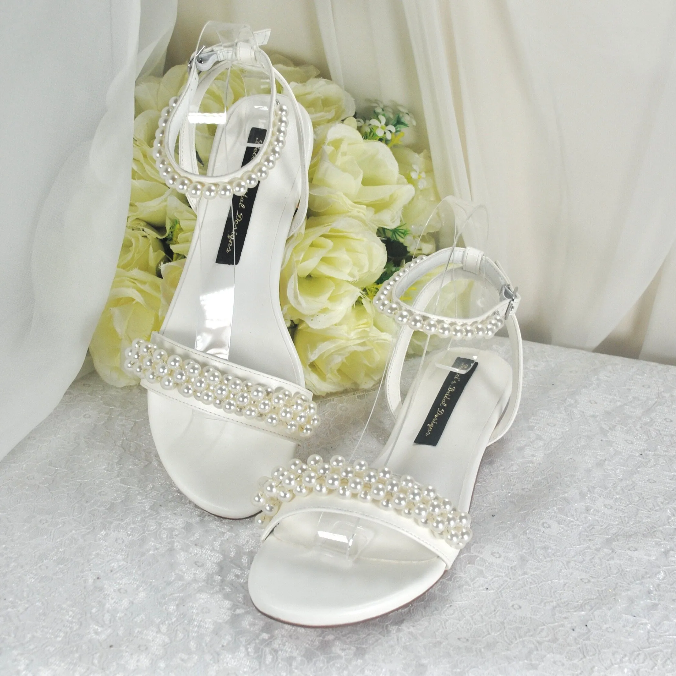 White or Ivory Pearl Flat Sandals