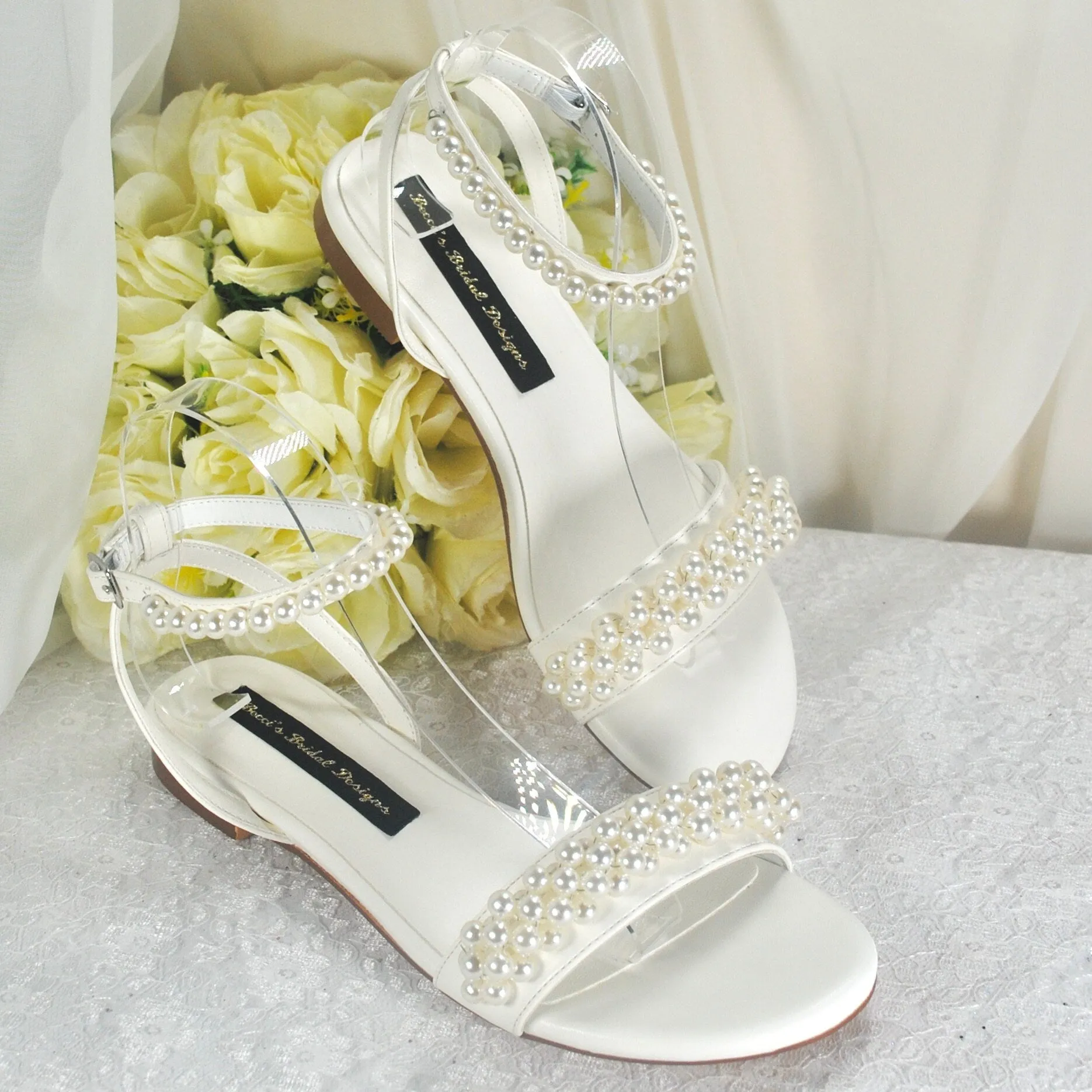 White or Ivory Pearl Flat Sandals