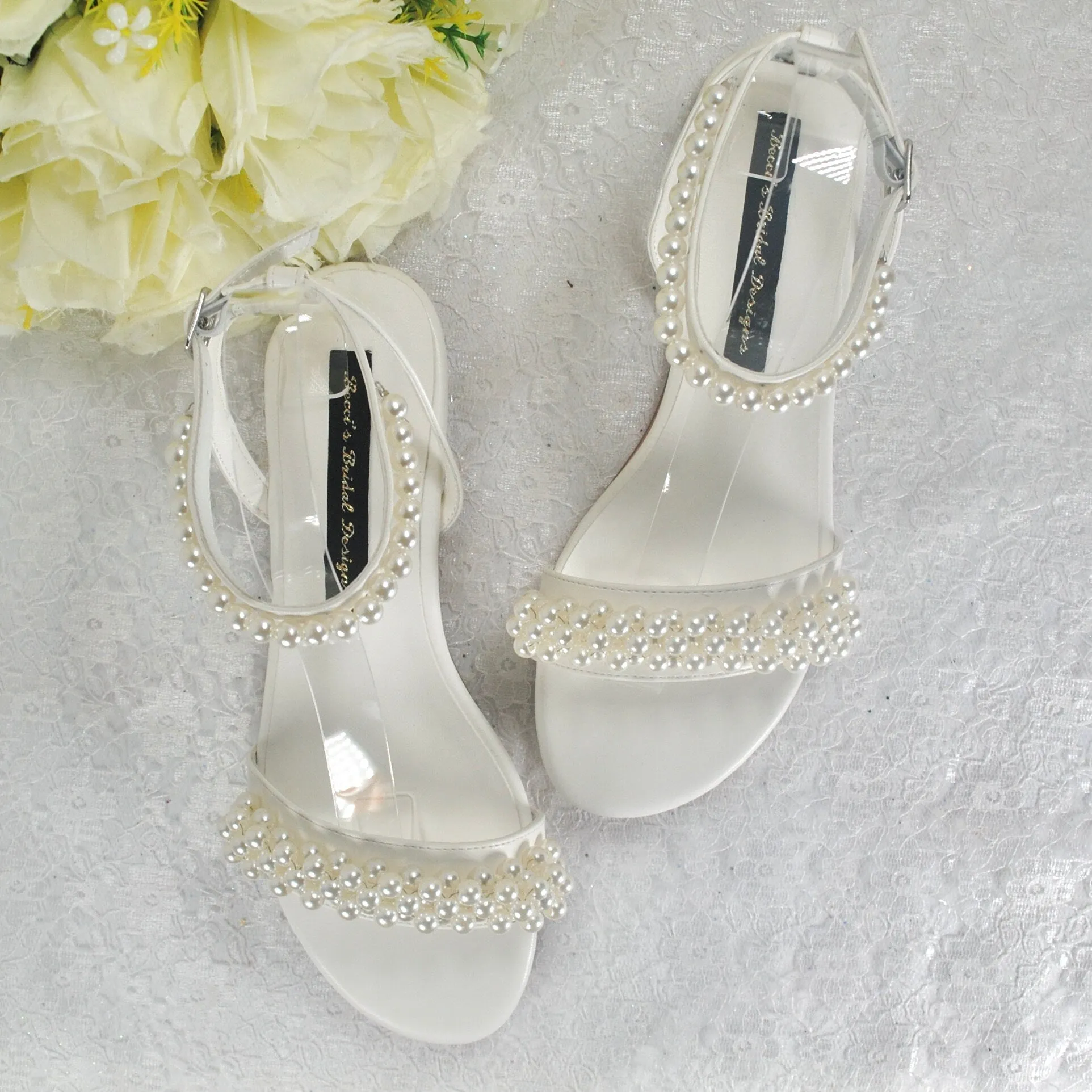 White or Ivory Pearl Flat Sandals