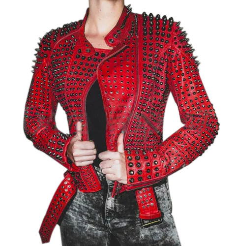 Women Motorcycle Punk Heavy Metal Spiked Tonal Black Studded Red Leather Jacke