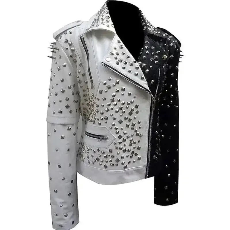 Women's Black and Silver Spiked Studded Biker Leather Jacket
