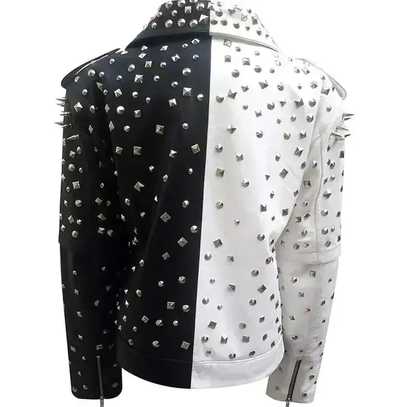 Women's Black and Silver Spiked Studded Biker Leather Jacket