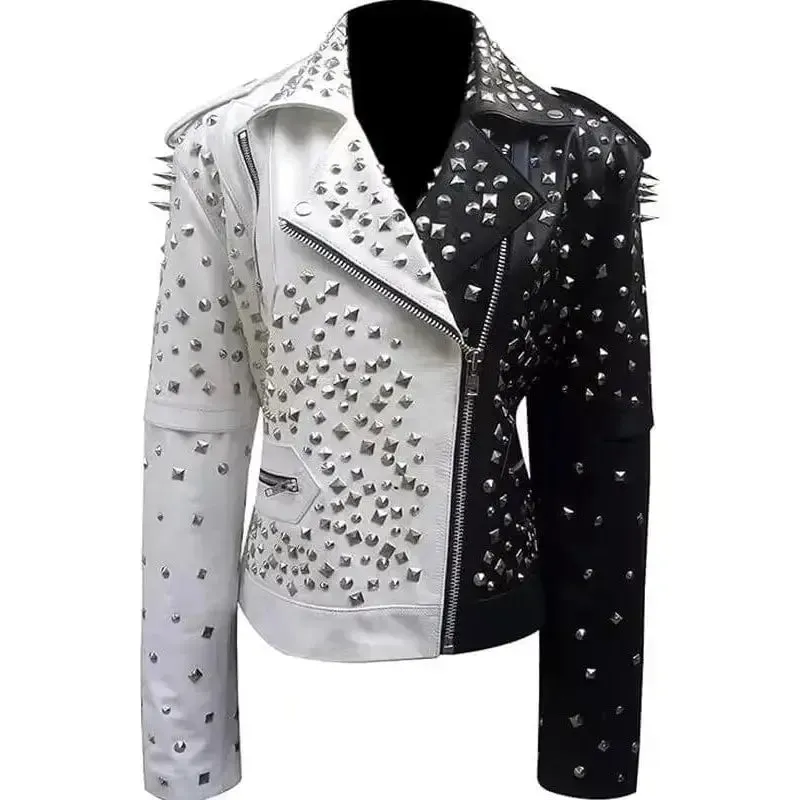 Women's Black and Silver Spiked Studded Biker Leather Jacket