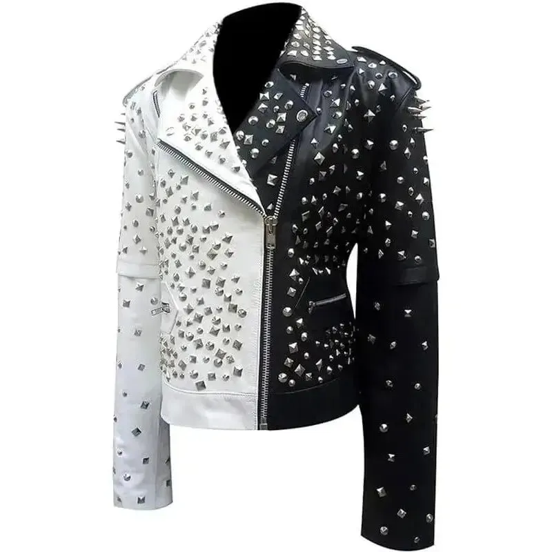 Women's Black and Silver Spiked Studded Biker Leather Jacket