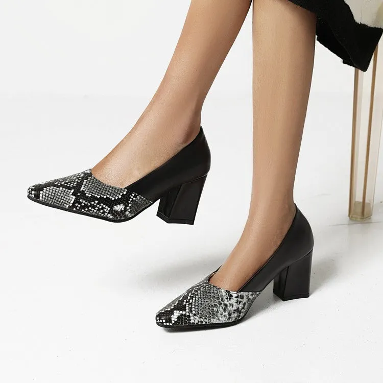 Women's Color Blocking High Heels Chunky Pumps