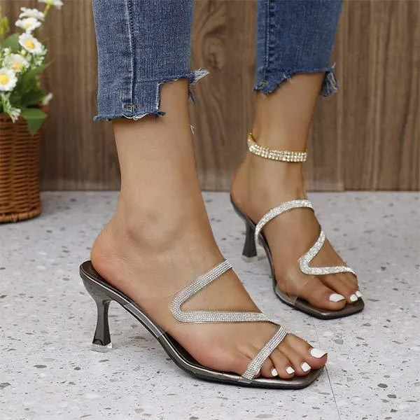 Women's High Heel Stiletto Slide Sandals with Rhinestones and One-Step Slip-On 26931126C