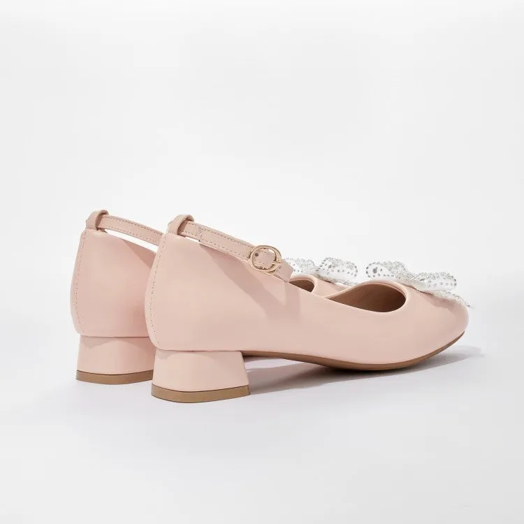 Women's Lace Bow Tie Shallow Puppy Heel Pumps