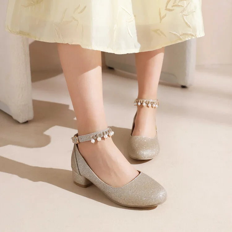 Women's Pumps Bling Bling Round Toe Pearls Ankle Strap Block Heel Shoes